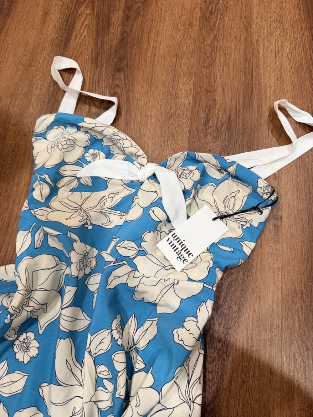 Unique Vintage Blue & White Floral Bouquet Swing Dress size L / 10-12 - Picture 6 of 6